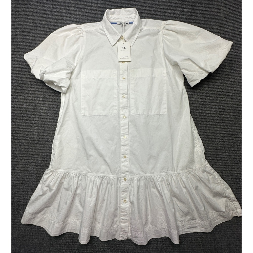 Free Assembly Puff Sleeve Mini Dress Women Size Small White Cotton Ruffle Hem‎
